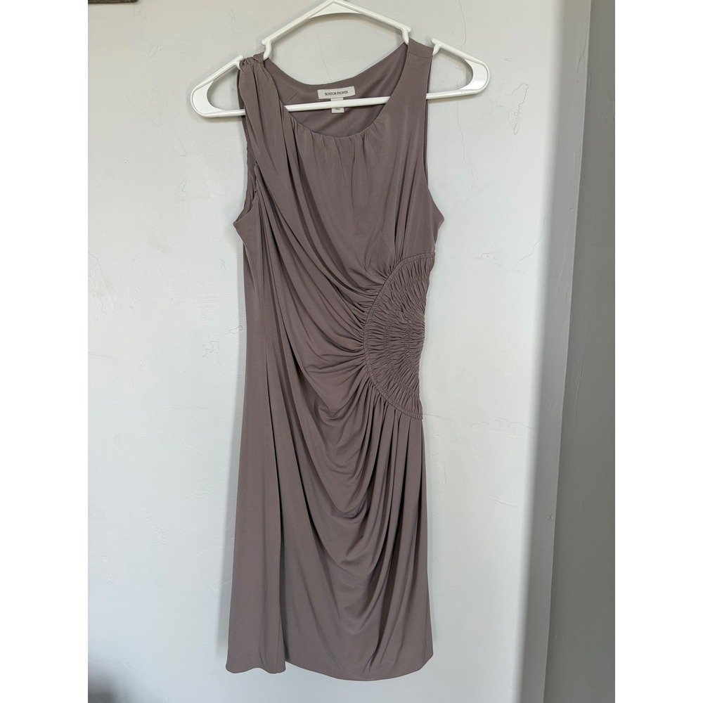 Boston Proper Mauve Taupe Ruched Sunburst Draped‎ Sheath Dress Womens 8